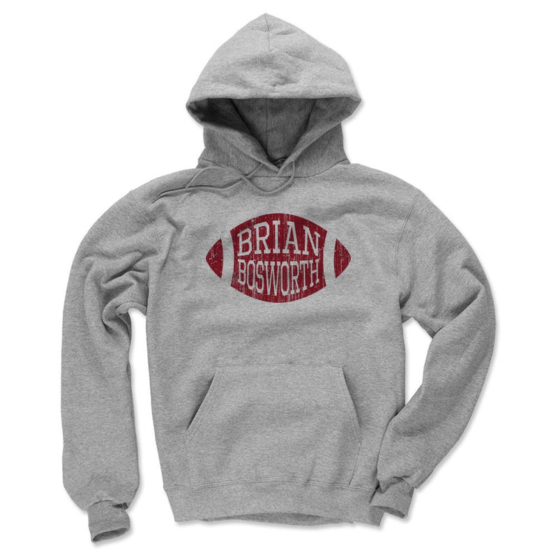 Heather gray hoodie featuring a distressed red football graphic with the text 'BRIAN BOSWORTH' in gray inside it.