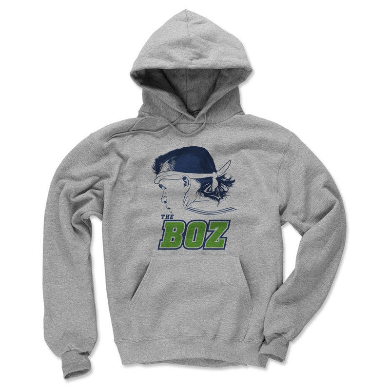 Heather gray hoodie featuring a navy profile silhouette of Brian Bosworth with the text 'THE BOZ' in green below it.