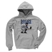 Heather gray hoodie featuring an illustration of Wade Boggs in a crouched fielding stance with the text 'BOGGS' in blue above it.