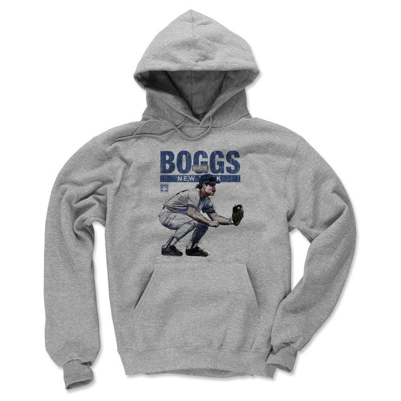 Heather gray hoodie featuring an illustration of Wade Boggs in a crouched fielding stance with the text 'BOGGS' in blue above it.