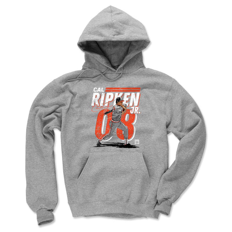 Heather gray hoodie featuring a cartoon Cal Ripken Jr. batting with the text 'CAL RIPKEN JR.' in white above orange 08.