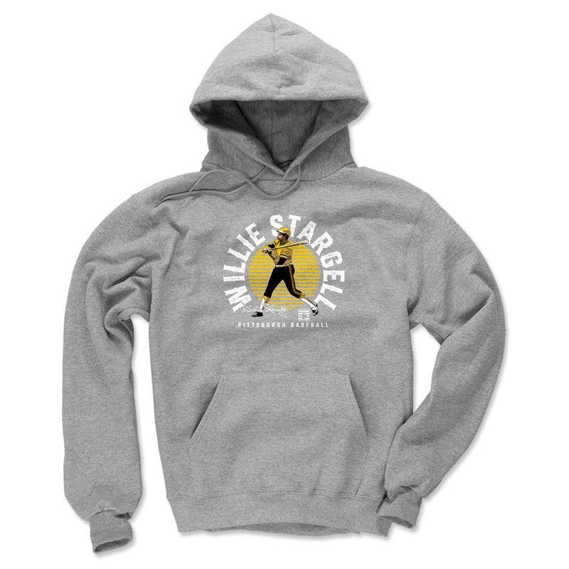 Heather gray hoodie with a yellow sun graphic of Willie Stargell batting and the text 'WILLIE STARGELL' in white arched above.