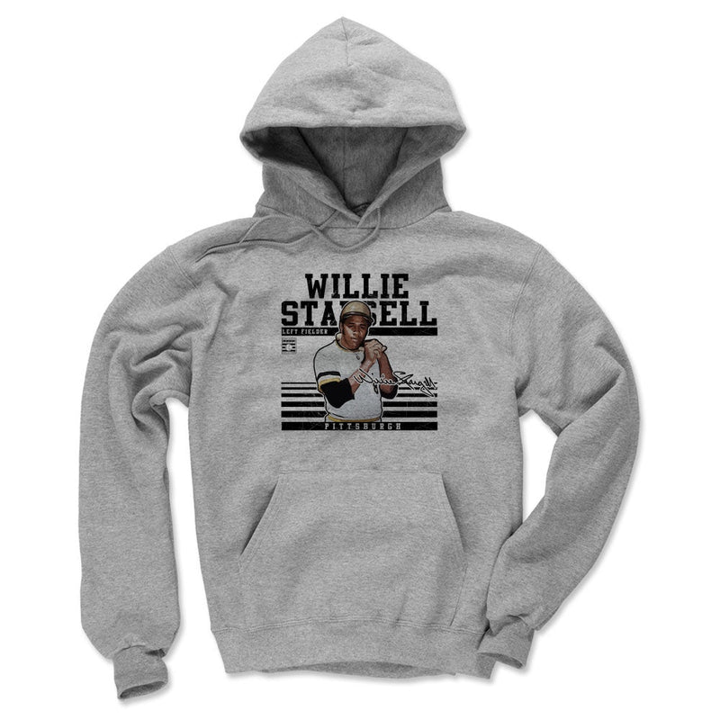 Heather gray hoodie featuring a Willie Stargell portrait in a Pittsburgh uniform with the text 'WILLIE STARGELL' in black above it.