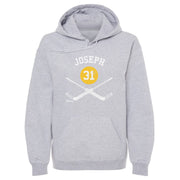 Heather gray hoodie featuring a yellow puck with the number 31 in white between the text 'JOSEPH' and crossed hockey sticks in white.