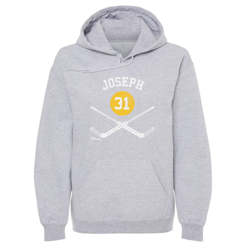 Heather gray hoodie featuring a yellow puck with the number 31 in white between the text 'JOSEPH' and crossed hockey sticks in white.