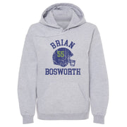 Heather gray hoodie featuring a distressed blue football helmet with green number 55 on side and the text 'BRIAN BOSWORTH' in blue above and below it.