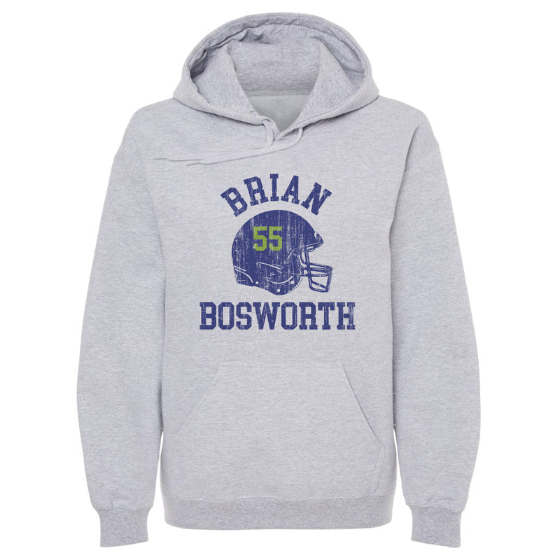 Heather gray hoodie featuring a distressed blue football helmet with green number 55 on side and the text 'BRIAN BOSWORTH' in blue above and below it.