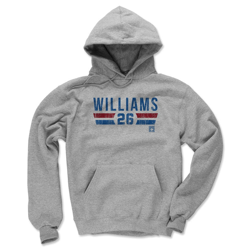 Heather gray hoodie featuring the text 'WILLIAMS' with the number '26' below in blue, set between red and blue stripes.