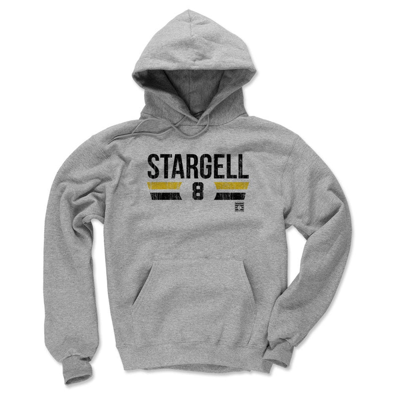 Flat front of the heather gray Willie Stargell hoodie showing the same 'STARGELL' name and number 8 in black with yellow stripes.