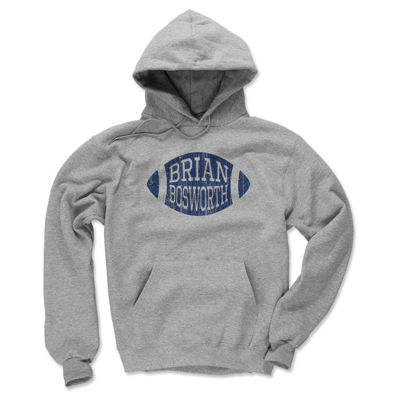 Heather gray hoodie featuring a blue football graphic with the text 'BRIAN BOSWORTH' in white across the center.