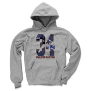 Heather gray hoodie featuring a large number 34 filled with action photos of Walter Payton with the text 'WALTER PAYTON' in rust-red below it.