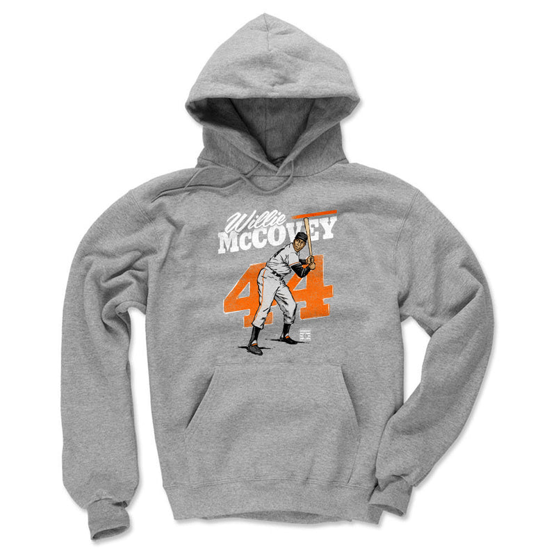 Gray hoodie featuring a batting illustration of Willie McCovey with an orange 44 and the text 'Willie McCovey' in white above it.