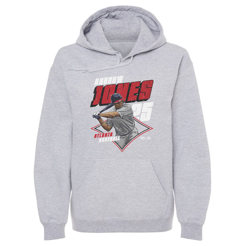 Heather gray hoodie featuring Andruw Jones in a red diamond with 'ANDRUW JONES' in red and white above and 'ATLANTA BASEBALL' in red and white below.