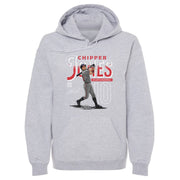 Heather gray hoodie featuring an illustrated Chipper Jones mid-swing with the text 'CHIPPER JONES' in red and white above a large number 10.