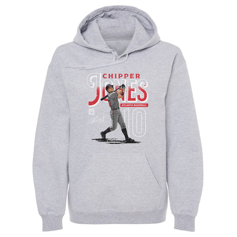 Heather gray hoodie featuring an illustrated Chipper Jones mid-swing with the text 'CHIPPER JONES' in red and white above a large number 10.