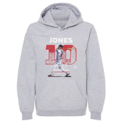 Heather gray hoodie featuring an illustrated Chipper Jones batting beside a large red 10 with the text 'JONES' in white above it.