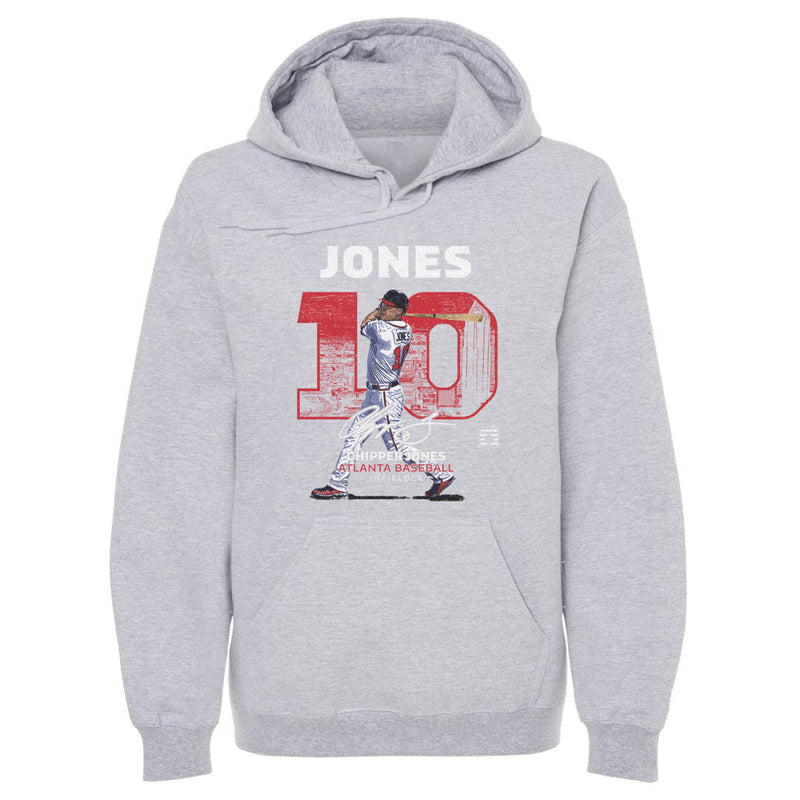 Heather gray hoodie featuring an illustrated Chipper Jones batting beside a large red 10 with the text 'JONES' in white above it.
