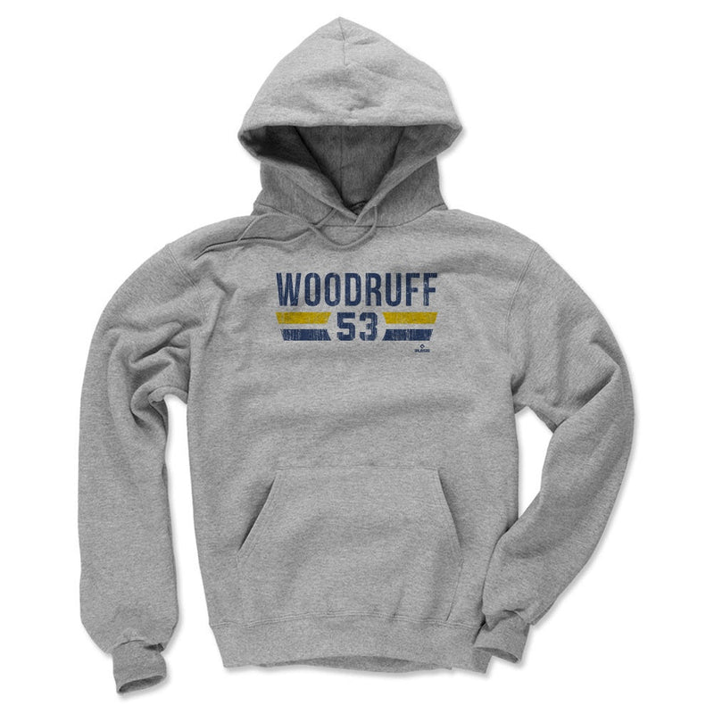 Heather gray hoodie featuring the text 'WOODRUFF' and the number 53 in navy above yellow and navy stripes.
