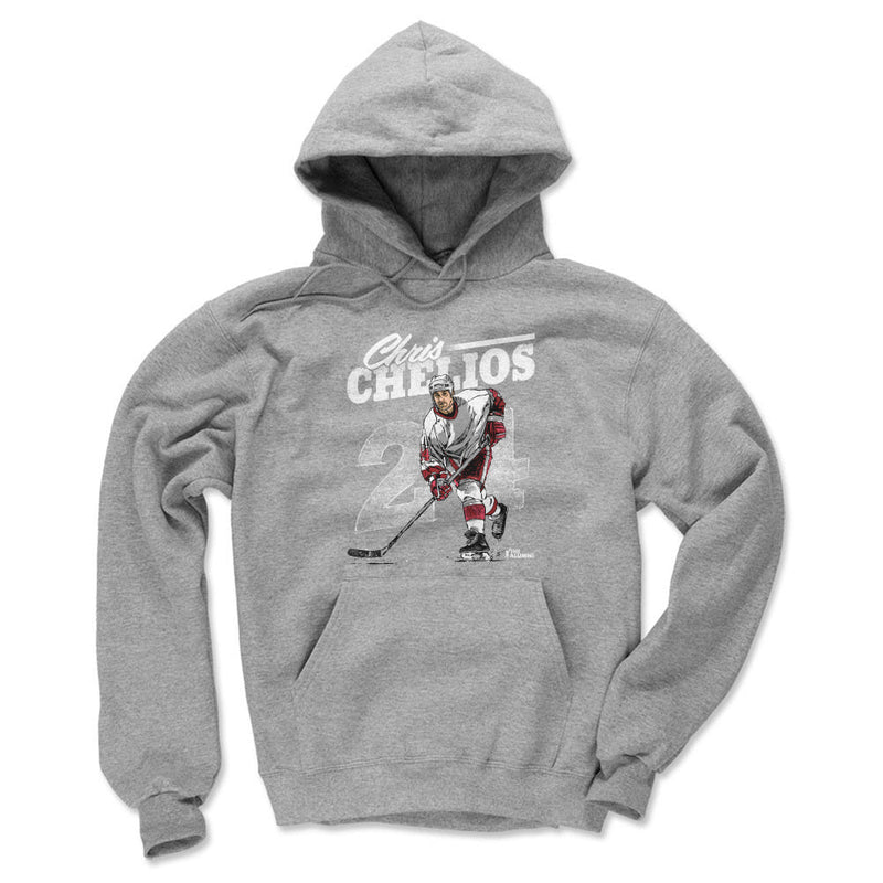 Heather gray hoodie featuring Chris Chelios skating in a white jersey with the faded number 24 and the text 'Chris Chelios' in white above.