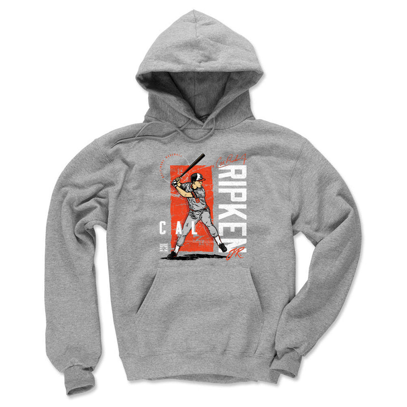 Heather gray hoodie featuring Cal Ripken Jr. batting with the text 'CAL RIPKEN JR' in white and orange beside him.