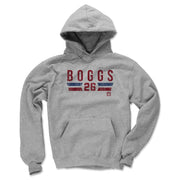 Heather gray version of the Wade Boggs Font R hoodie, showing the same red 'BOGGS' and '26' design above blue and red stripes.