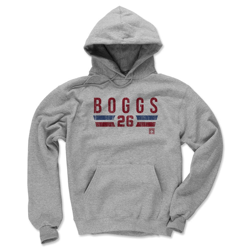 Heather gray version of the Wade Boggs Font R hoodie, showing the same red 'BOGGS' and '26' design above blue and red stripes.