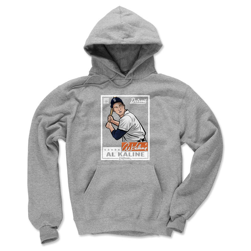 Heather gray hoodie featuring a cartoon trading card of Al Kaline in a batting stance with the text 'AL KALINE' in navy below it.