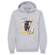 Heather gray hoodie featuring a cartoon of Brett Hull in a St. Louis jersey with the text 'BRETT HULL' in white above a large number 16.