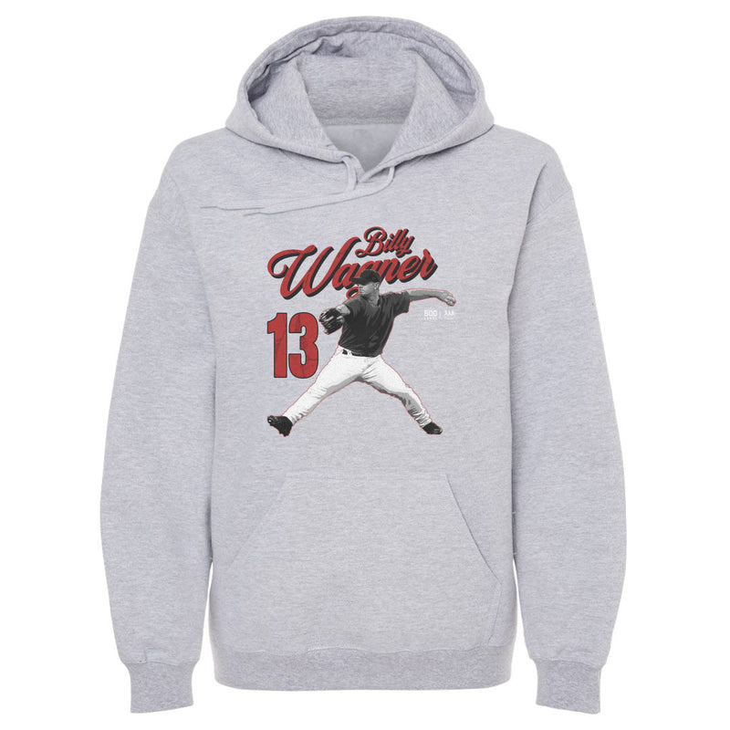 Heather grey hoodie featuring a grayscale photo of Billy Wagner mid-pitch with the number 13 and the text 'Billy Wagner' in red script above.