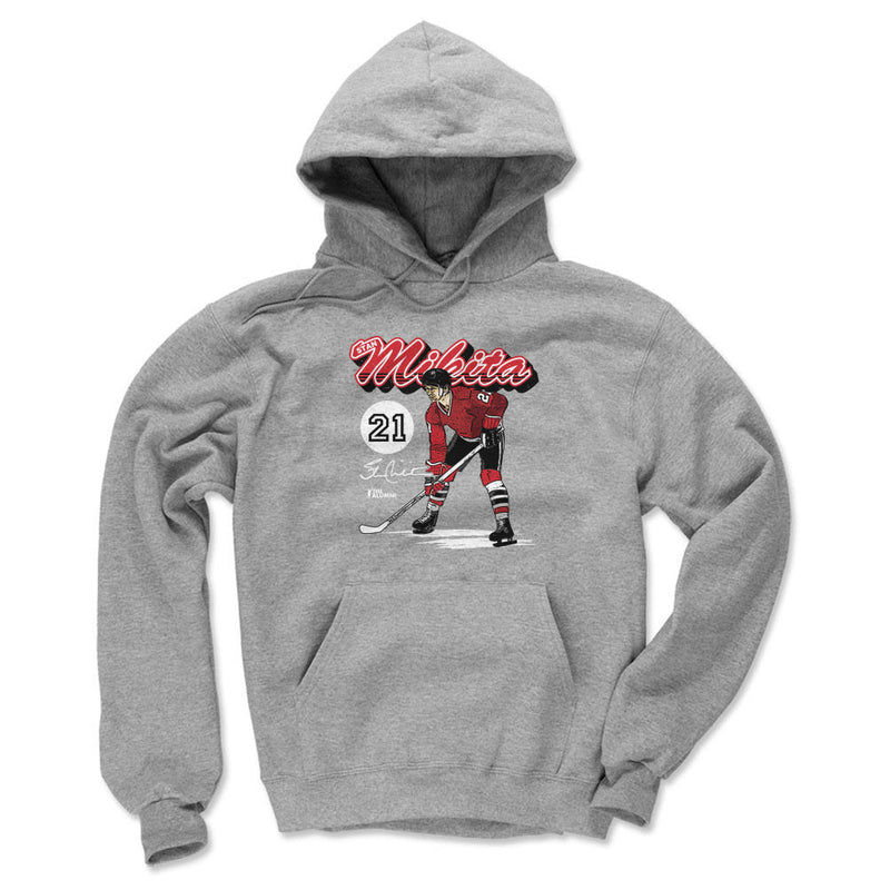 Gray Hoodie featuring design named Stan Mikita Chicago Retro Script WHT