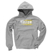 Heather gray hooded sweatshirt featuring the name 'Christian Yelich' in white above a large yellow striped number 22 and a yellow signature below.