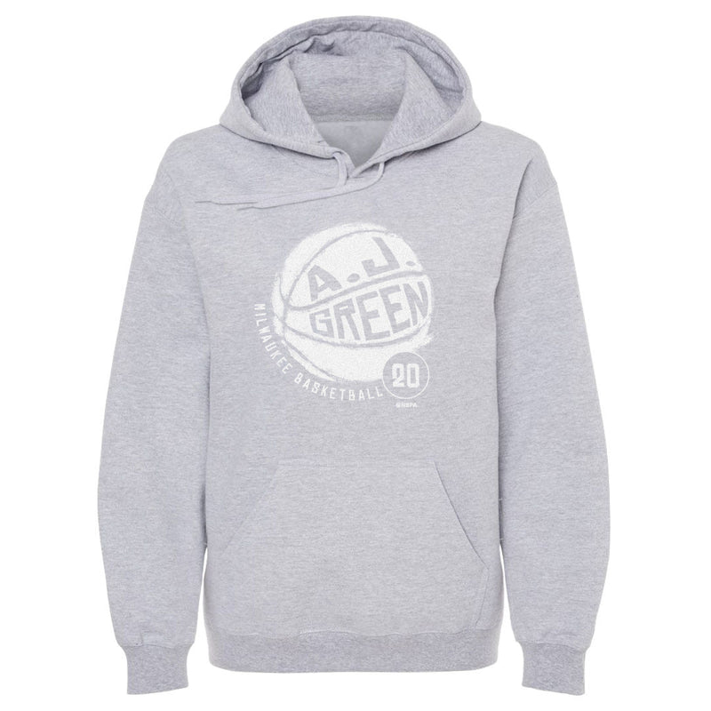 Heather gray hoodie featuring a large white basketball with the text 'A.J. GREEN' in black across it, with 'MILWAUKEE BASKETBALL' text and number 20 in white.