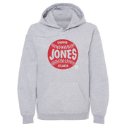 Gray hoodie featuring a red baseball graphic with the text 'CHIPPER JONES' and 'ATLANTA' in gray.