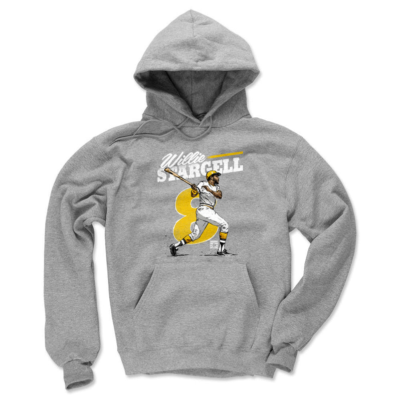 Heather gray hoodie featuring Willie Stargell batting over a large yellow number 8 with the text 'Willie Stargell' in white above.