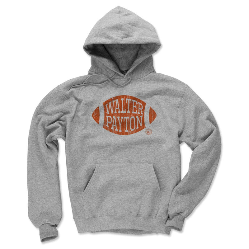 Heather gray colorway of the Walter Payton football hoodie, showing the same orange football graphic with 'WALTER PAYTON' in white.