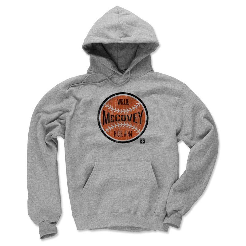 Heather gray hoodie featuring an orange baseball graphic with the text 'Willie McCovey' and 'H.O.F. #44' in black on the chest.