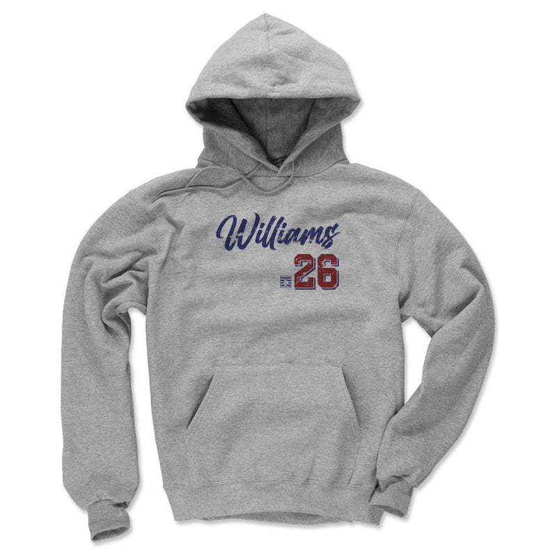 Heather gray hoodie featuring the script name 'Williams' in blue with the number '26' in red below it.