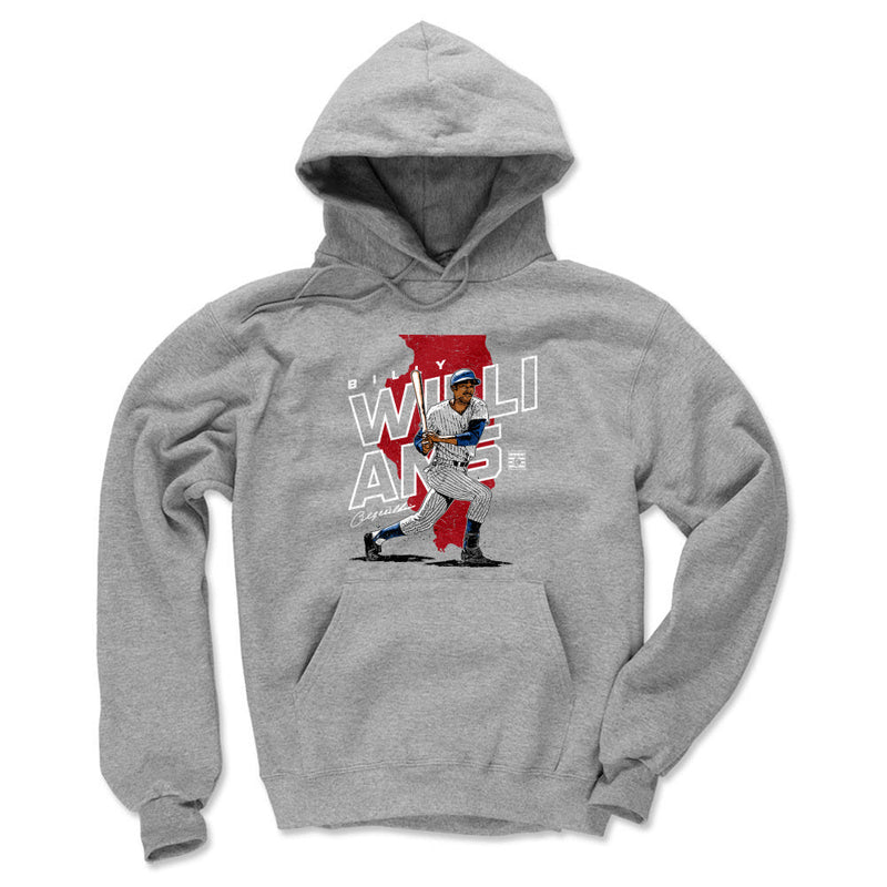 Heather gray hoodie featuring Billy Williams mid-swing over a red Illinois map with the text 'BILLY WILLIAMS' in white outline letters.