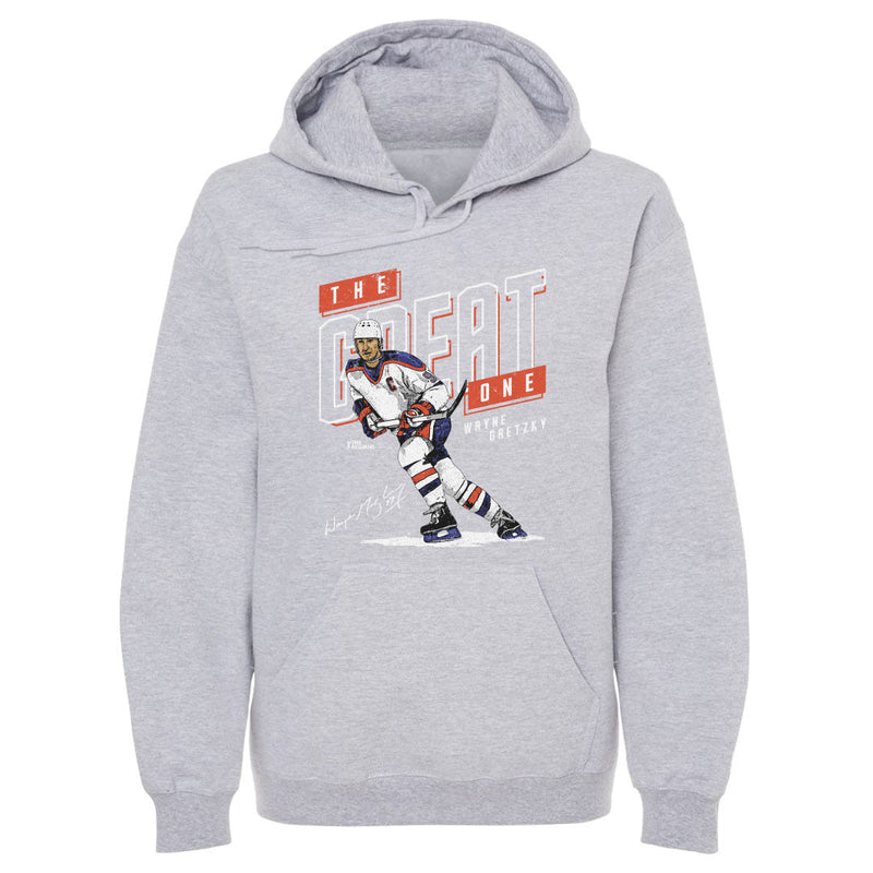 Heather gray version of the Wayne Gretzky Edmonton hoodie, showing the same 'THE GREAT ONE' illustration in white and orange on the front.
