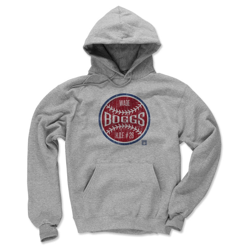 Front of the heather gray Wade Boggs Ball hoodie, showing the same red baseball graphic with white stitching and the text 'WADE BOGGS' in white.