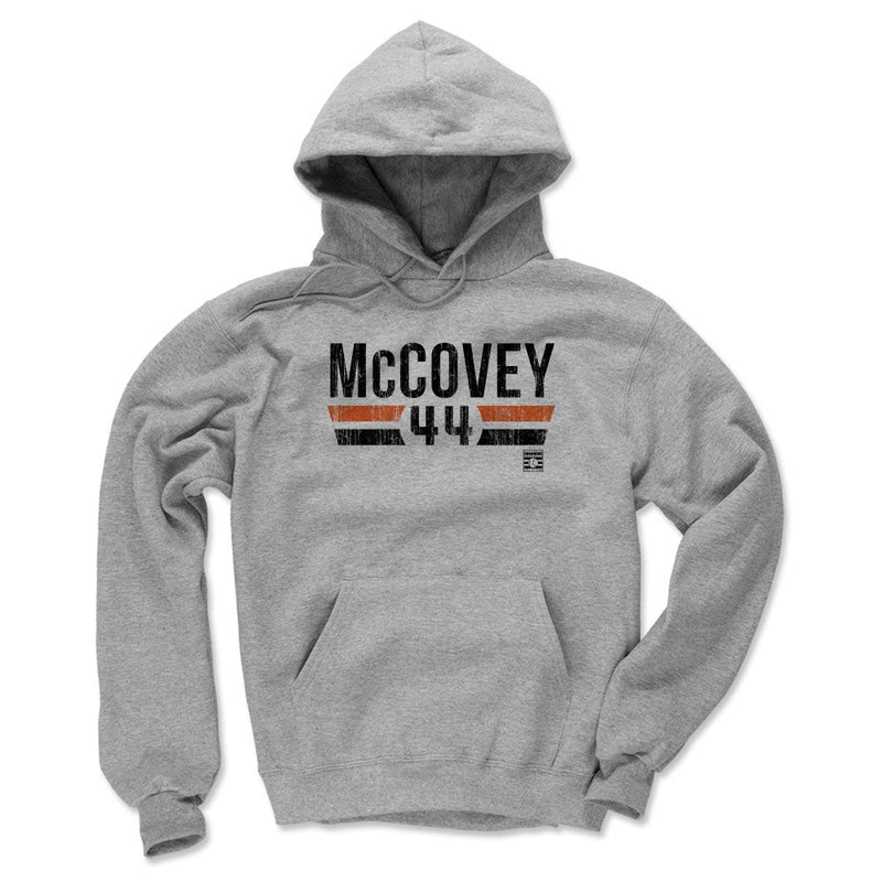 Gray hoodie featuring the Willie McCovey name and number with the text 'McCovey' and '44' in black above orange and black stripes.
