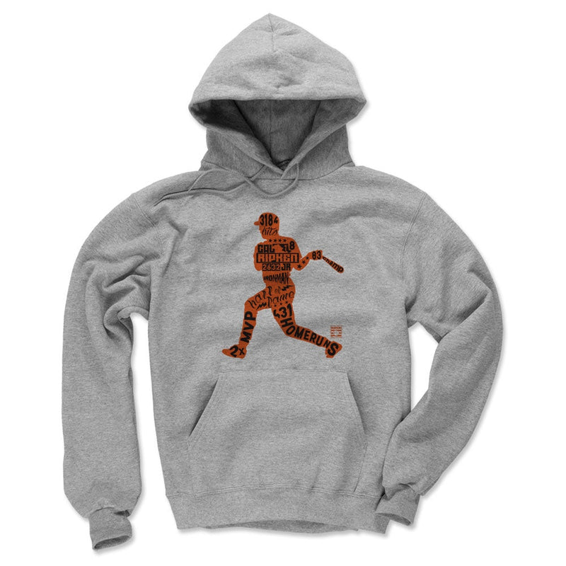 Heather gray hoodie featuring an orange baseball batter silhouette filled with black text, including 'Cal Ripken Jr.' across the chest.