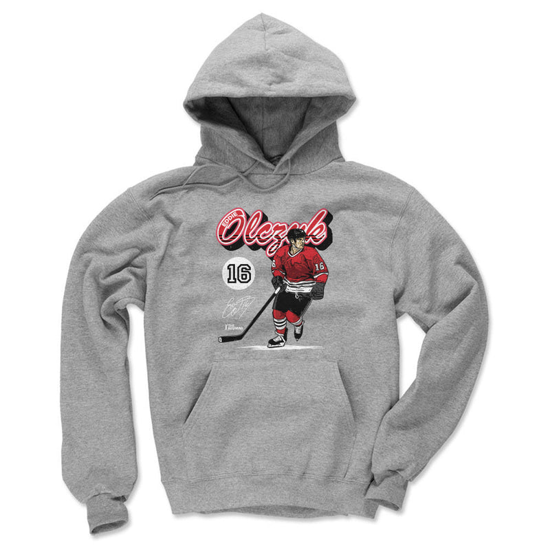 Gray Hoodie featuring design named Eddie Olczyk Chicago Retro Script WHT