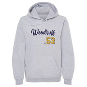 Heather gray hoodie featuring the name 'Woodruff' in distressed navy script above the number 53 in gold with navy shadow.