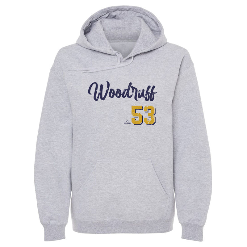 Heather gray hoodie featuring the name 'Woodruff' in distressed navy script above the number 53 in gold with navy shadow.