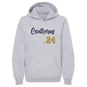 Back view of heather gray pullover hoodie featuring the name 'Contreras' in navy script above the number 24 in gold