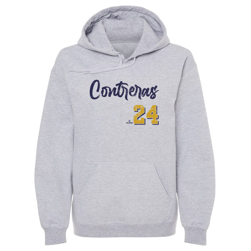 Back view of heather gray pullover hoodie featuring the name 'Contreras' in navy script above the number 24 in gold