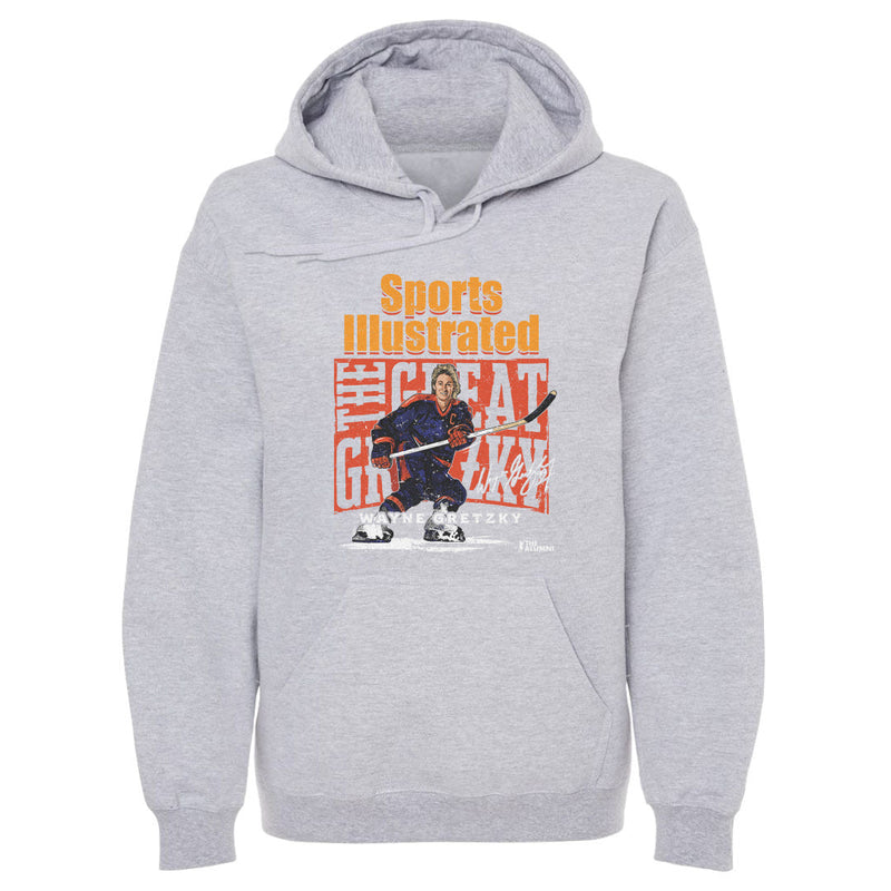 Heather gray hoodie featuring a Wayne Gretzky illustration with the text 'Sports Illustrated' in orange above 'The Great Gretzky' in white on orange.