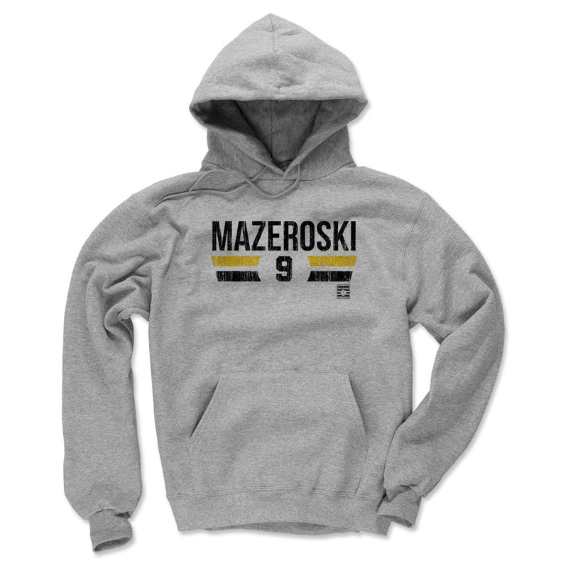 Heather gray hoodie featuring the name 'MAZEROSKI' with the number 9 below it in black letters, between orange and black stripes.