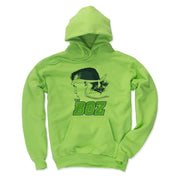 Lime green hoodie featuring a navy profile silhouette of Brian Bosworth with the text 'THE BOZ' in green below it.
